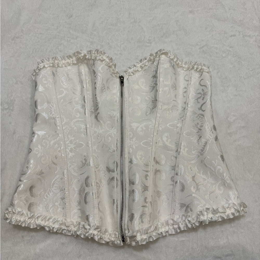 White Satin Jacquard Corset Bustier XL Ruffle Burlesque Bridal Shapewear